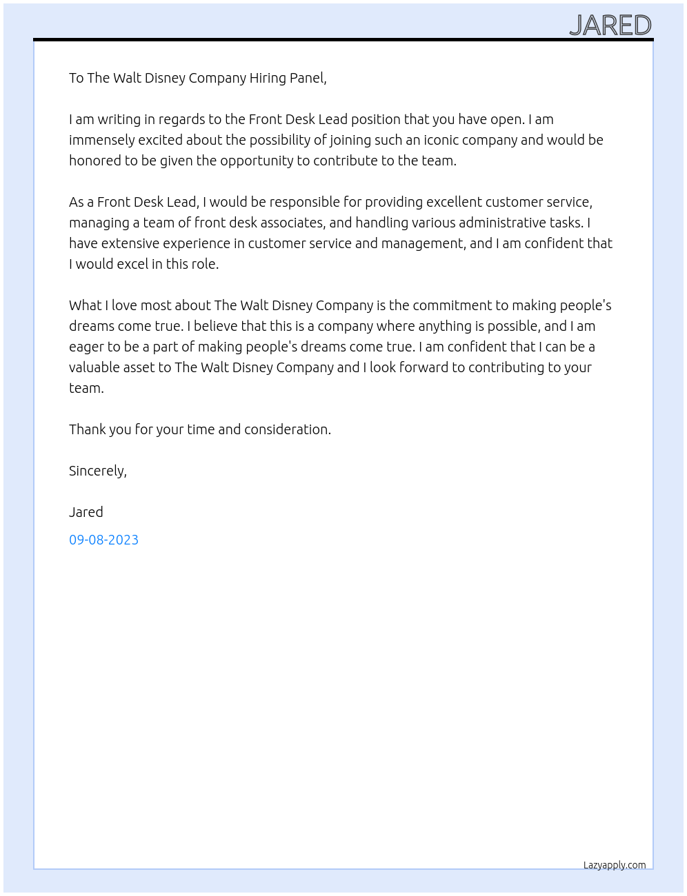 Front Desk Lead At The Walt Disney Company Cover Letter
