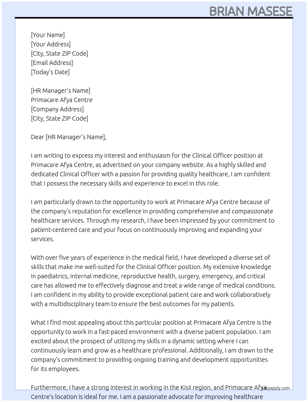 Clinical officer At Primacare Afya Centre Cover Letter