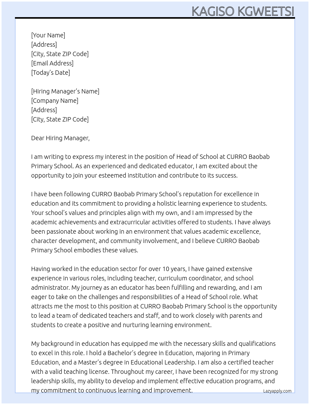 Head of School At CURRO Baobab Primary School Cover Letter