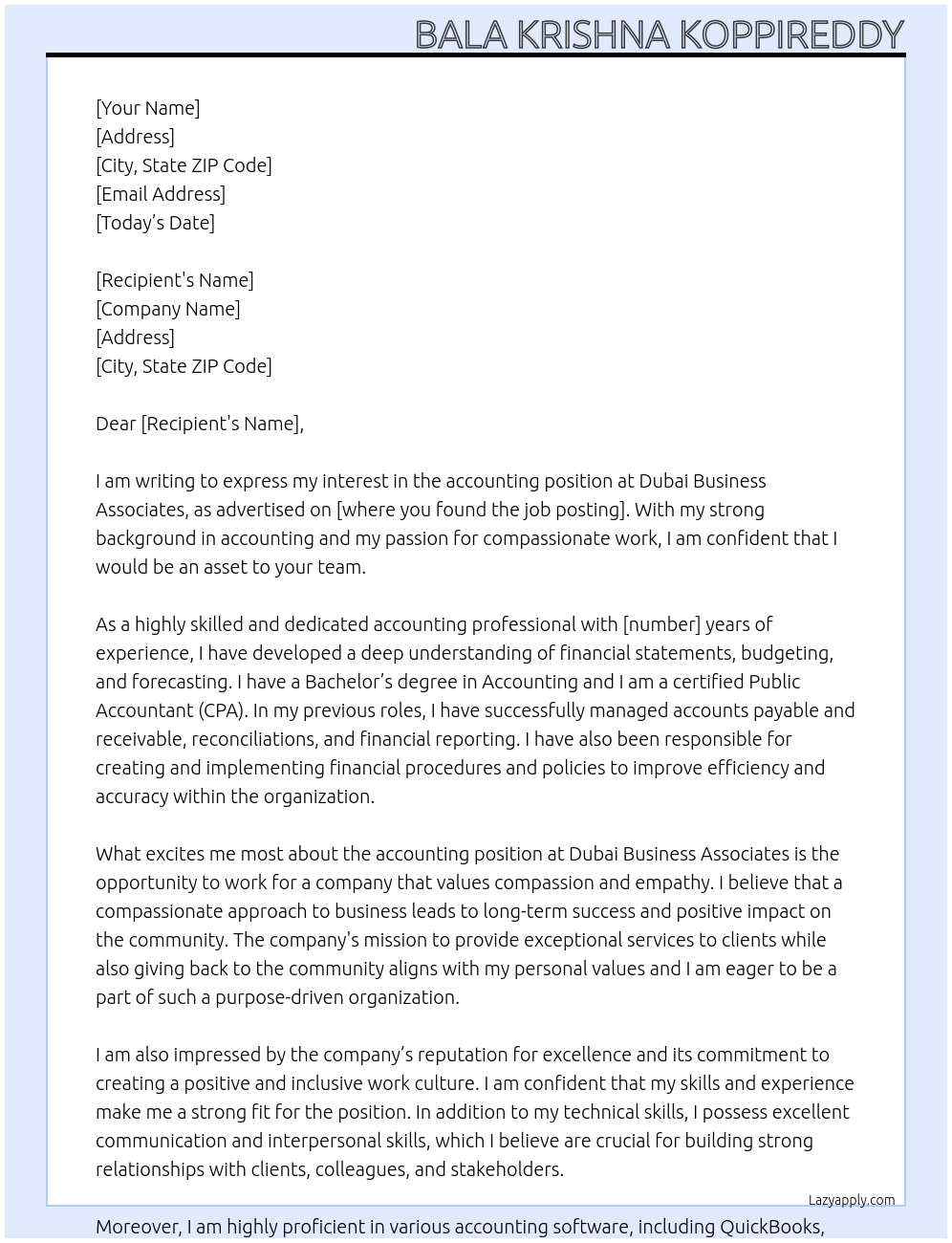 accounting At dubai business associates Cover Letter