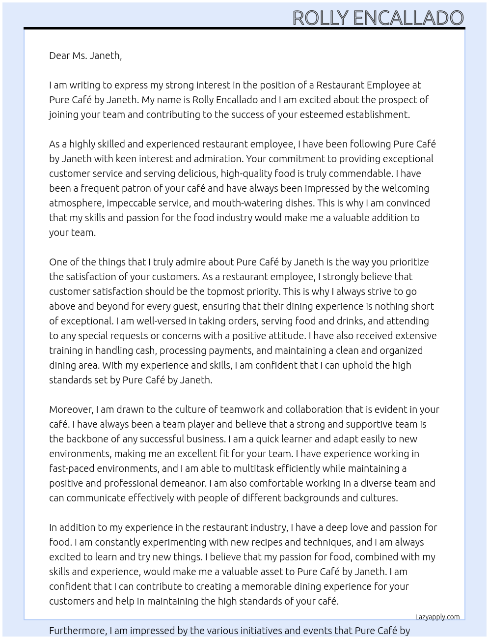 Restaurant employee At Pure Cafè by Janeth Cover Letter