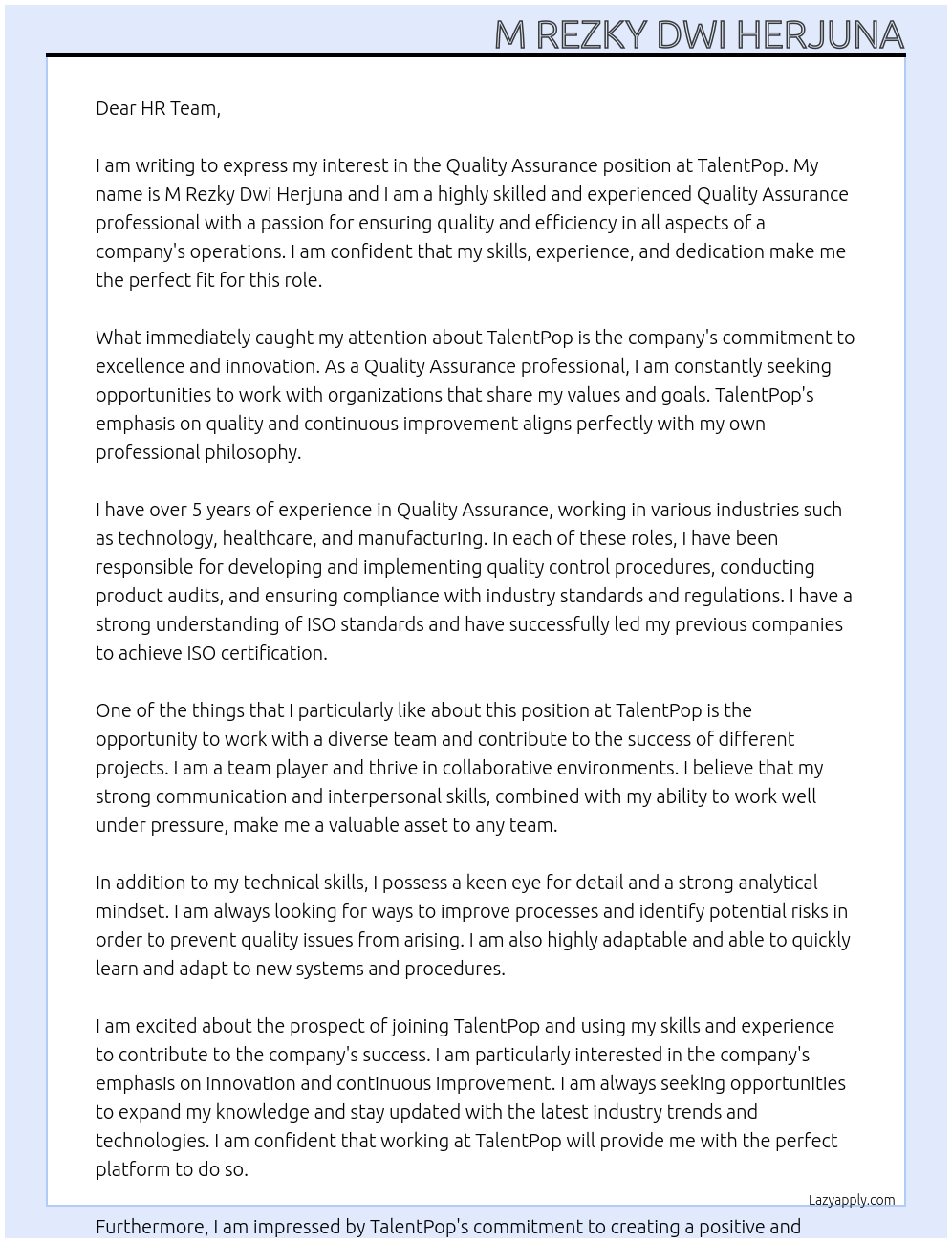 Quality Assurance At TalentPop Cover Letter