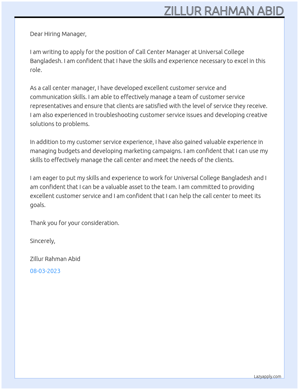 Call Center Manager At Universal College Bangladesh Cover Letter