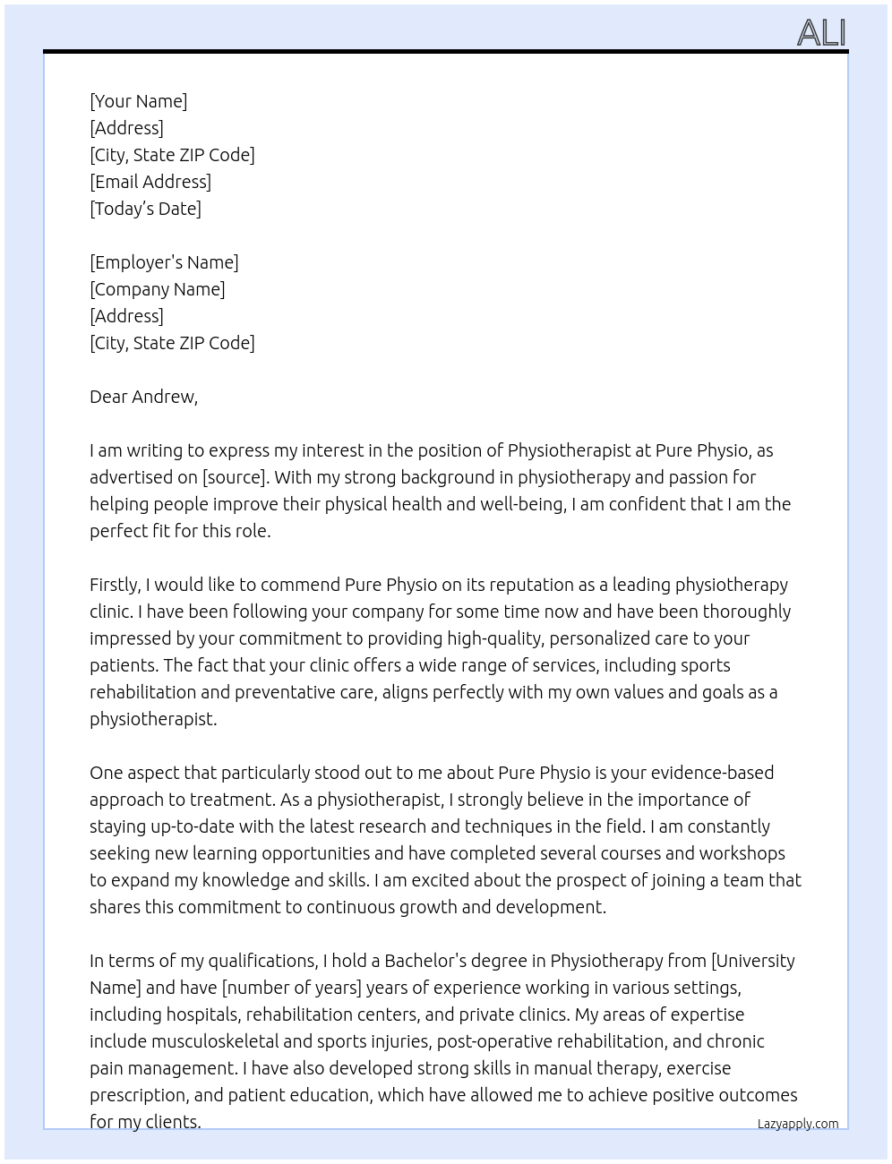 physiotherapist At Pure Physio Cover Letter