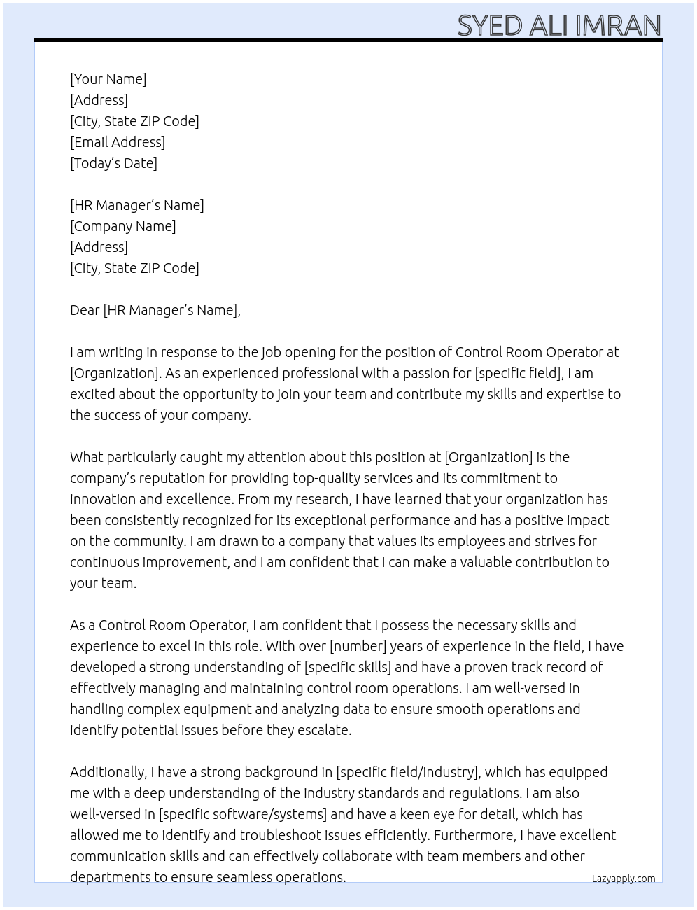 control room operator At organization Cover Letter