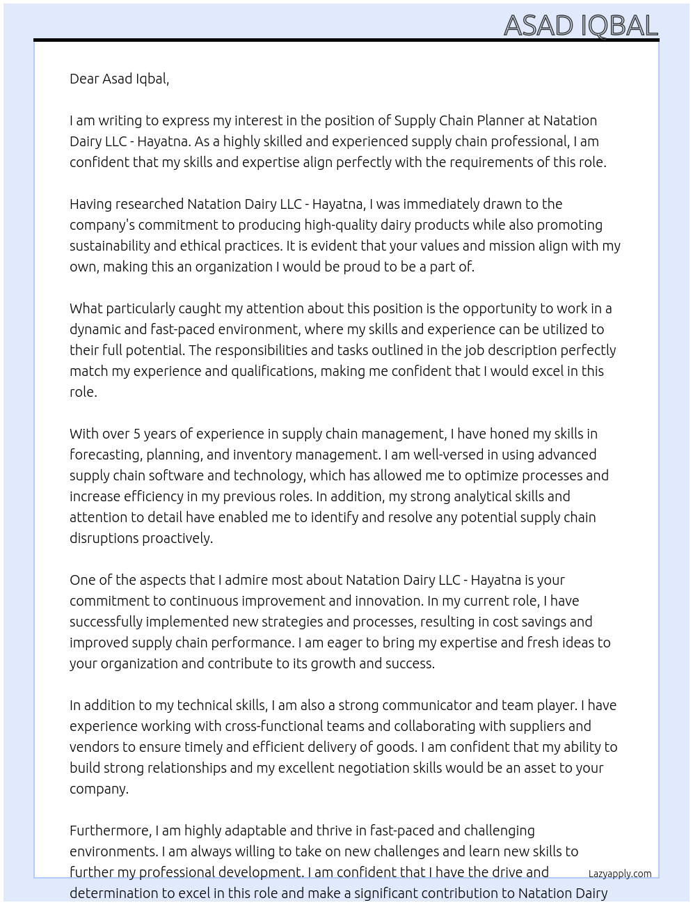 Supply chain planner At Natation Dairy LLC - Hayatna Cover Letter