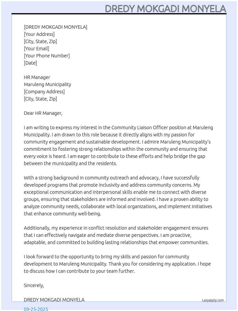 Cover letter for community liaison officer - LazyApply