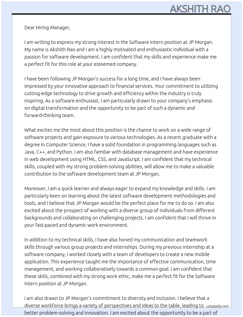 Software intern At jp morgan Cover Letter