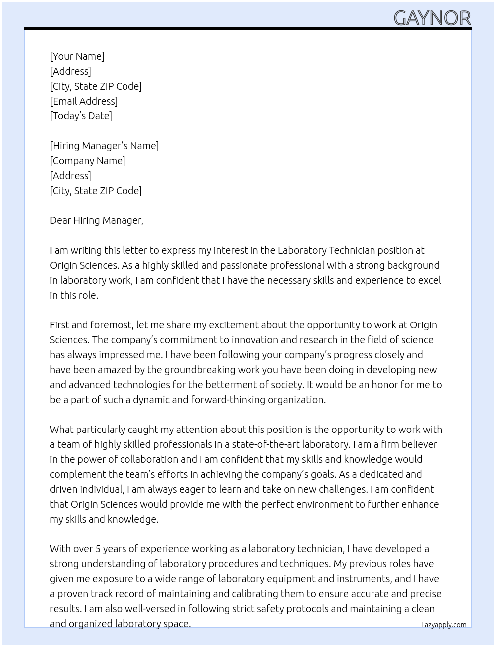 Laboratory technician At Origin sciences Cover Letter