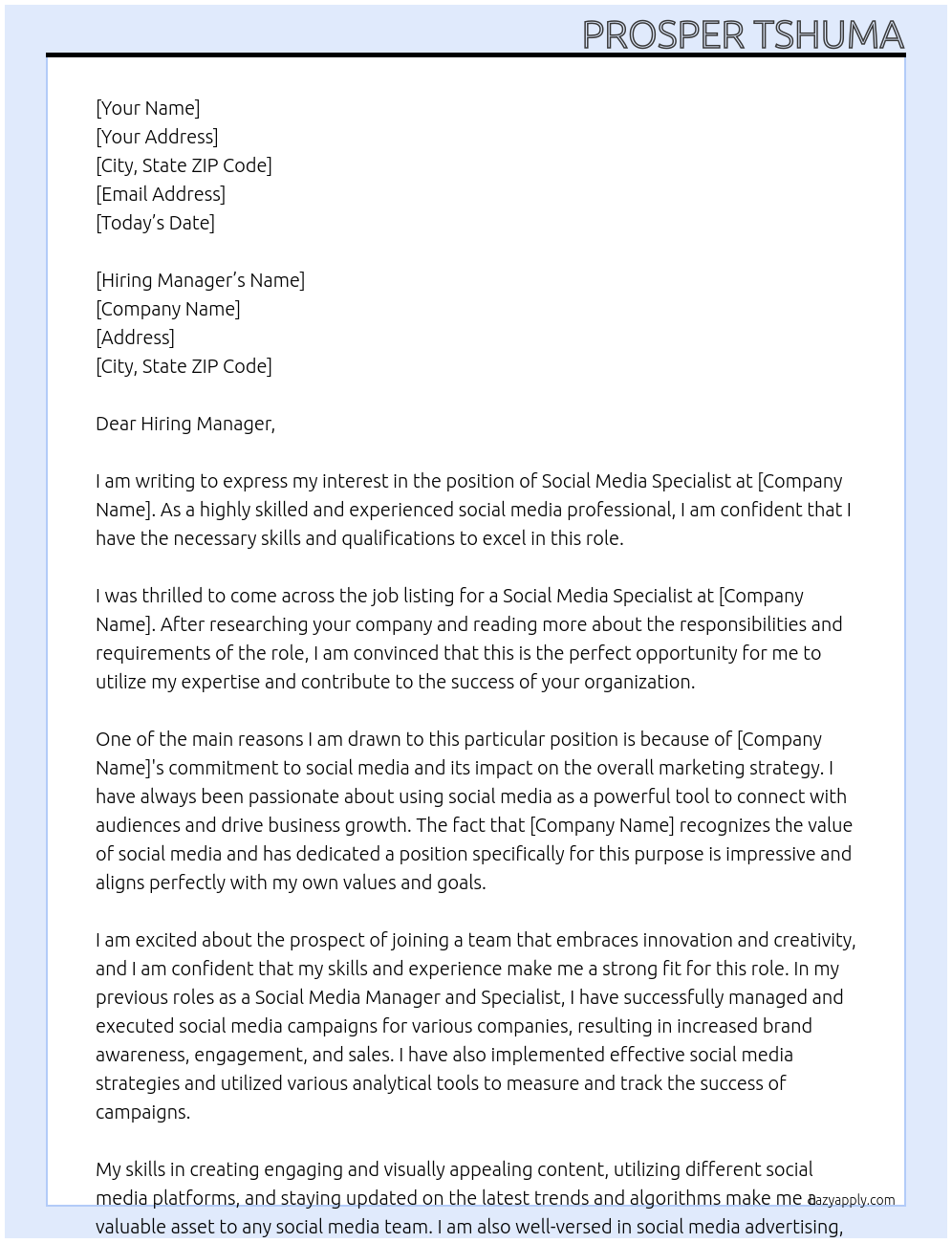 Social Media Specialist At N/A Cover Letter