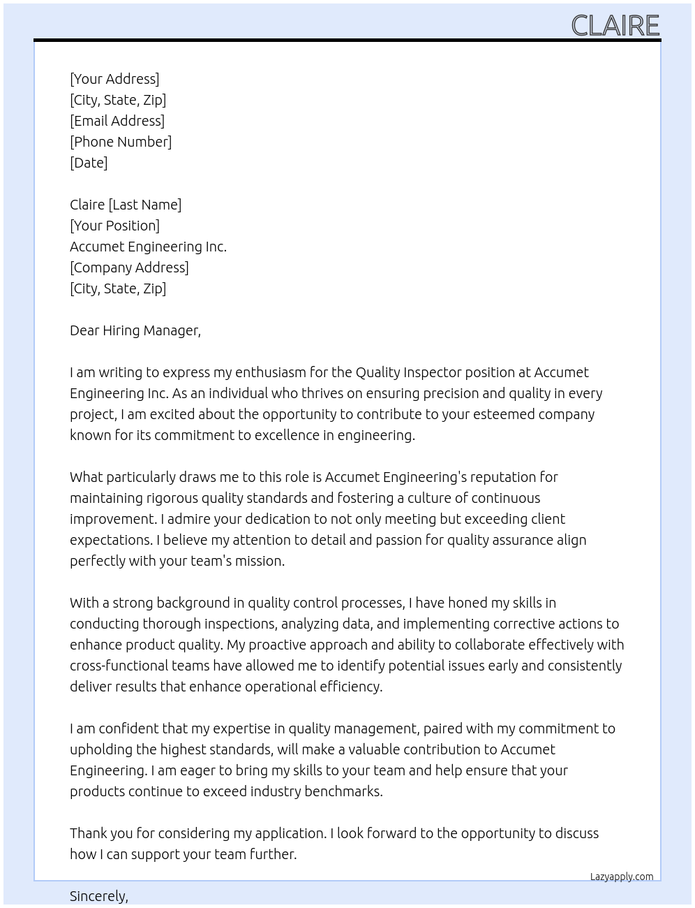 quality inspector At Accumet engineering inc Cover Letter