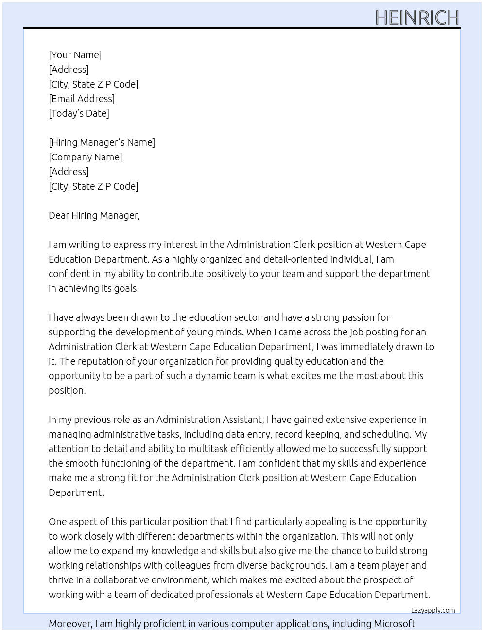 ADMINISTRATION CLERK At Western Cape Education Department Cover Letter