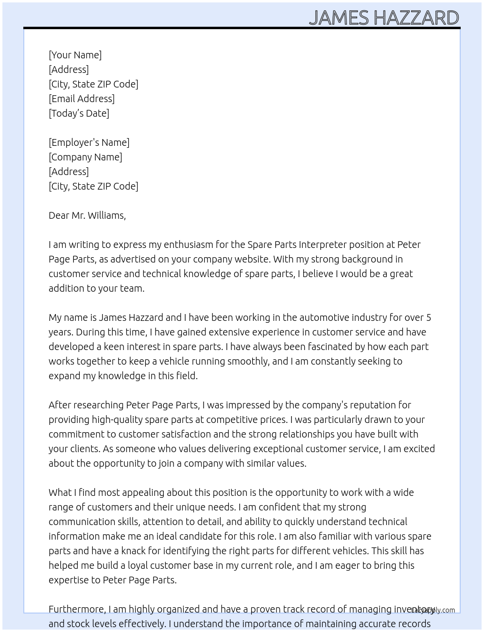 Spare parts interpreter  At Peter page parts  Cover Letter