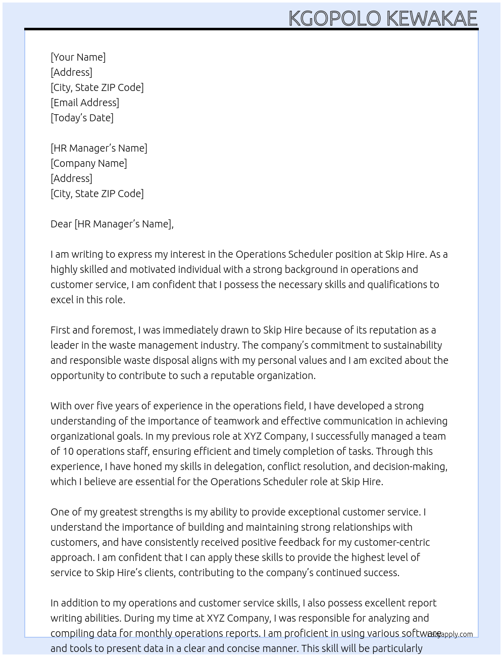 OPERATIONS SCHEDULER At SKIP HIRE Cover Letter