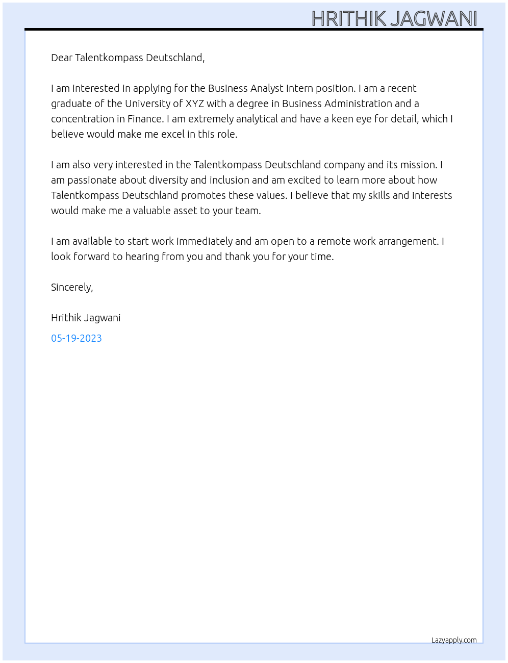 Business Analyst Intern At Talentkompass Deutschland Cover Letter