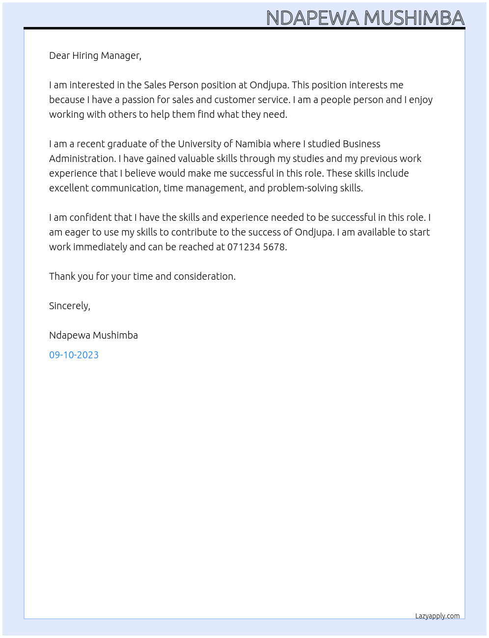 Sales person At Ondjupa Cover Letter