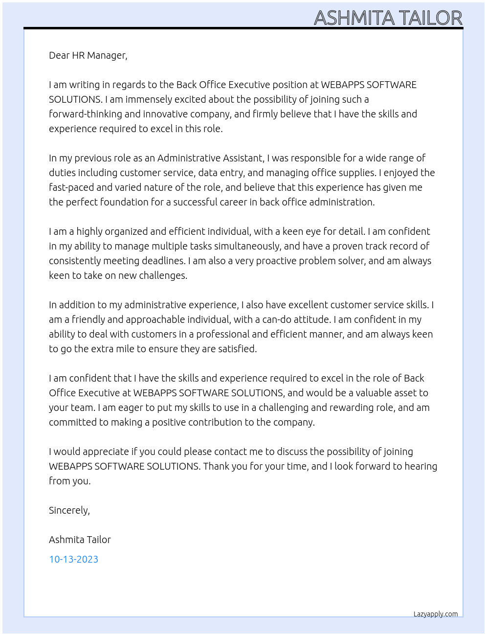 Back Office Executive At WEBAPPS SOFTWARE SOLUTIONS Cover Letter