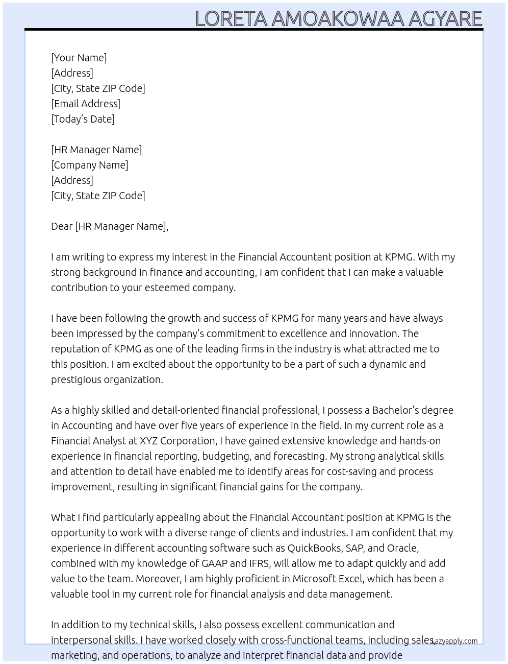 Financial Accountant At KPMG Cover Letter