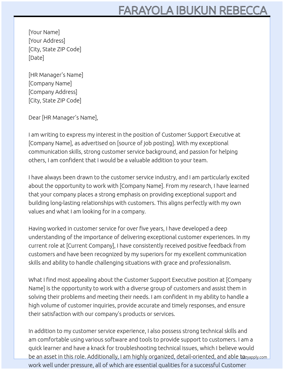 Customer support executive At Hr Cover Letter