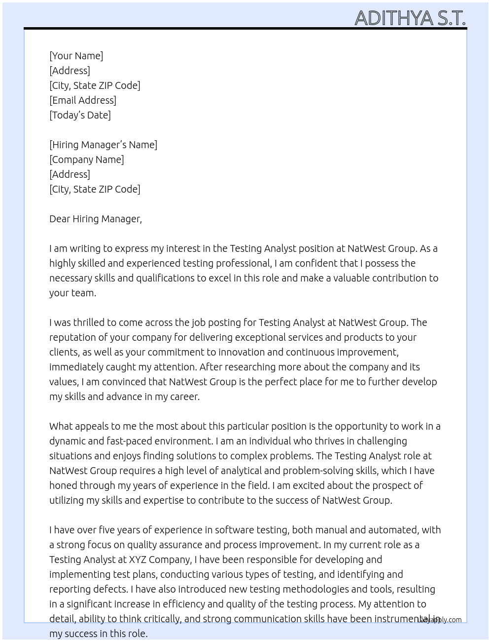 Testing Analyst At NatWest Group Cover Letter