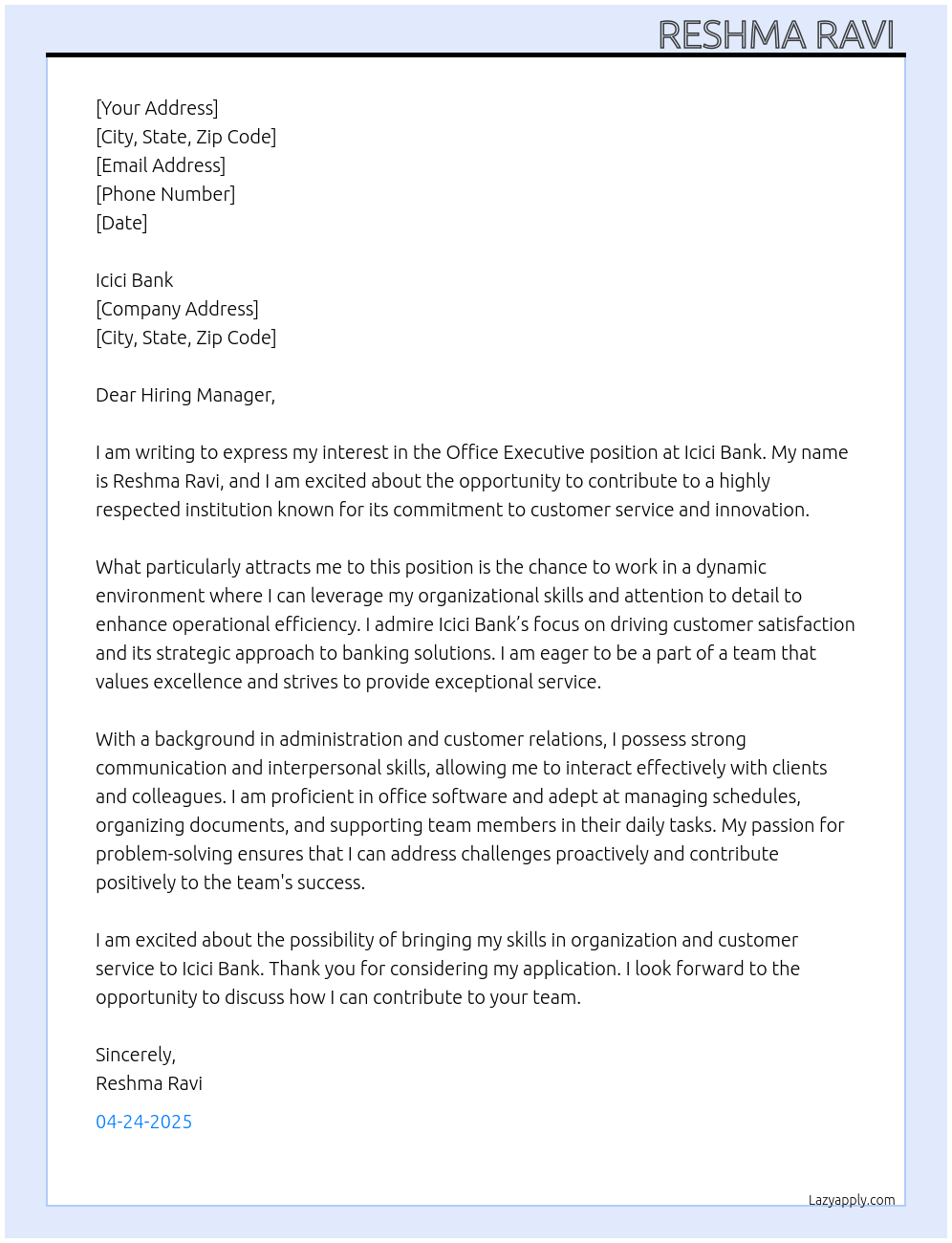 Office executive At Icici bank Cover Letter