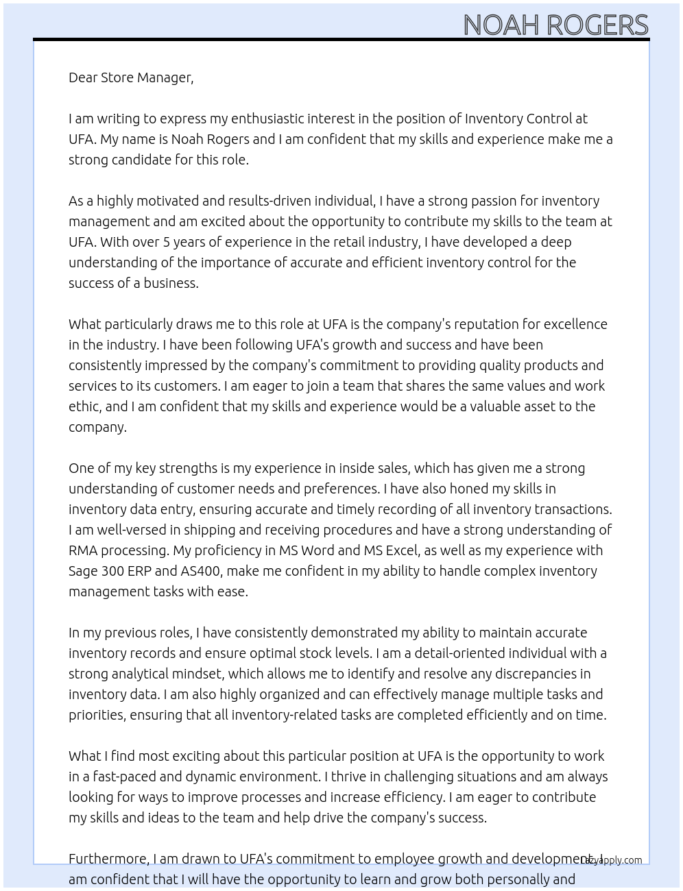 Inventory control  At UFA Cover Letter