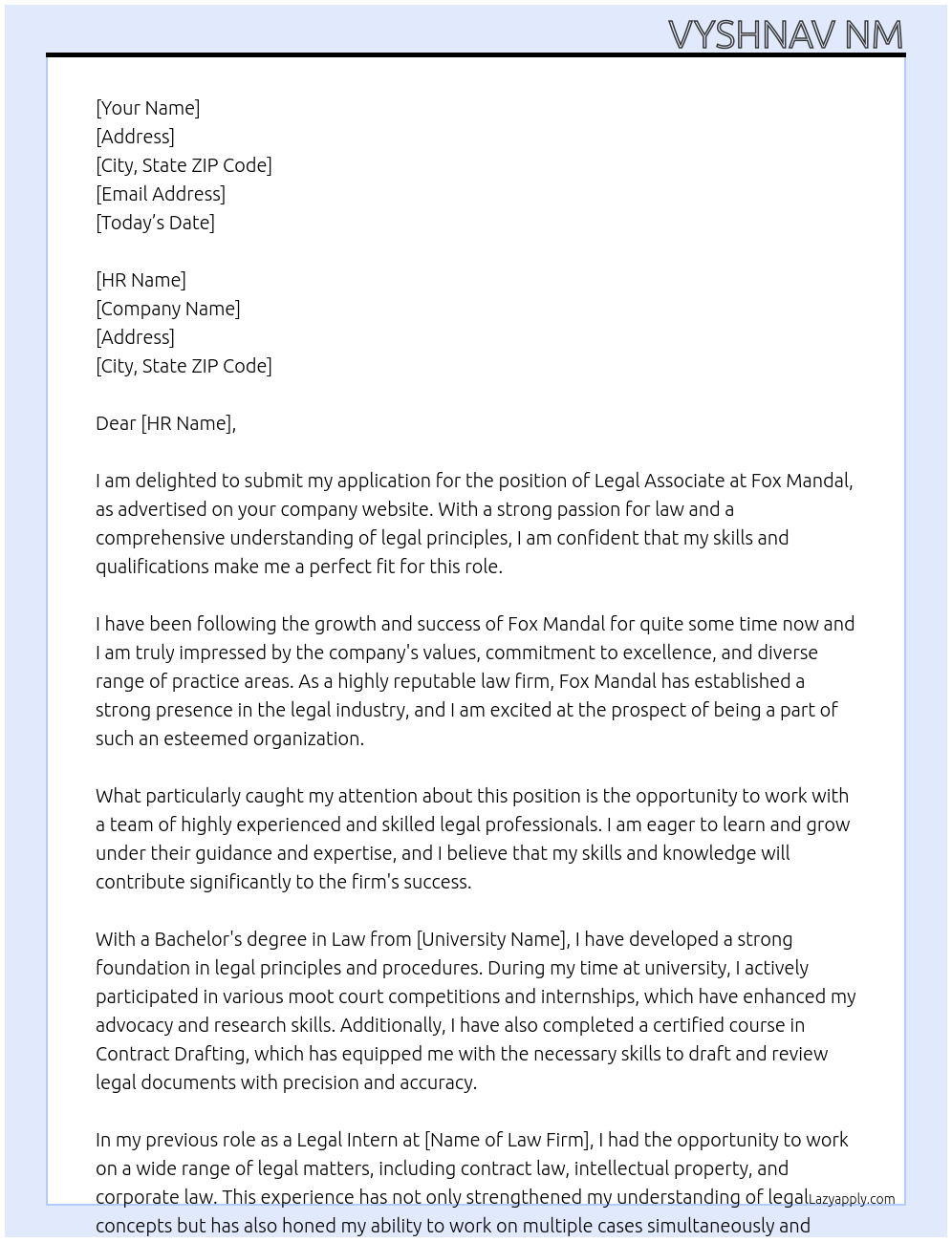 Legal Associate At Fox Mandal Cover Letter