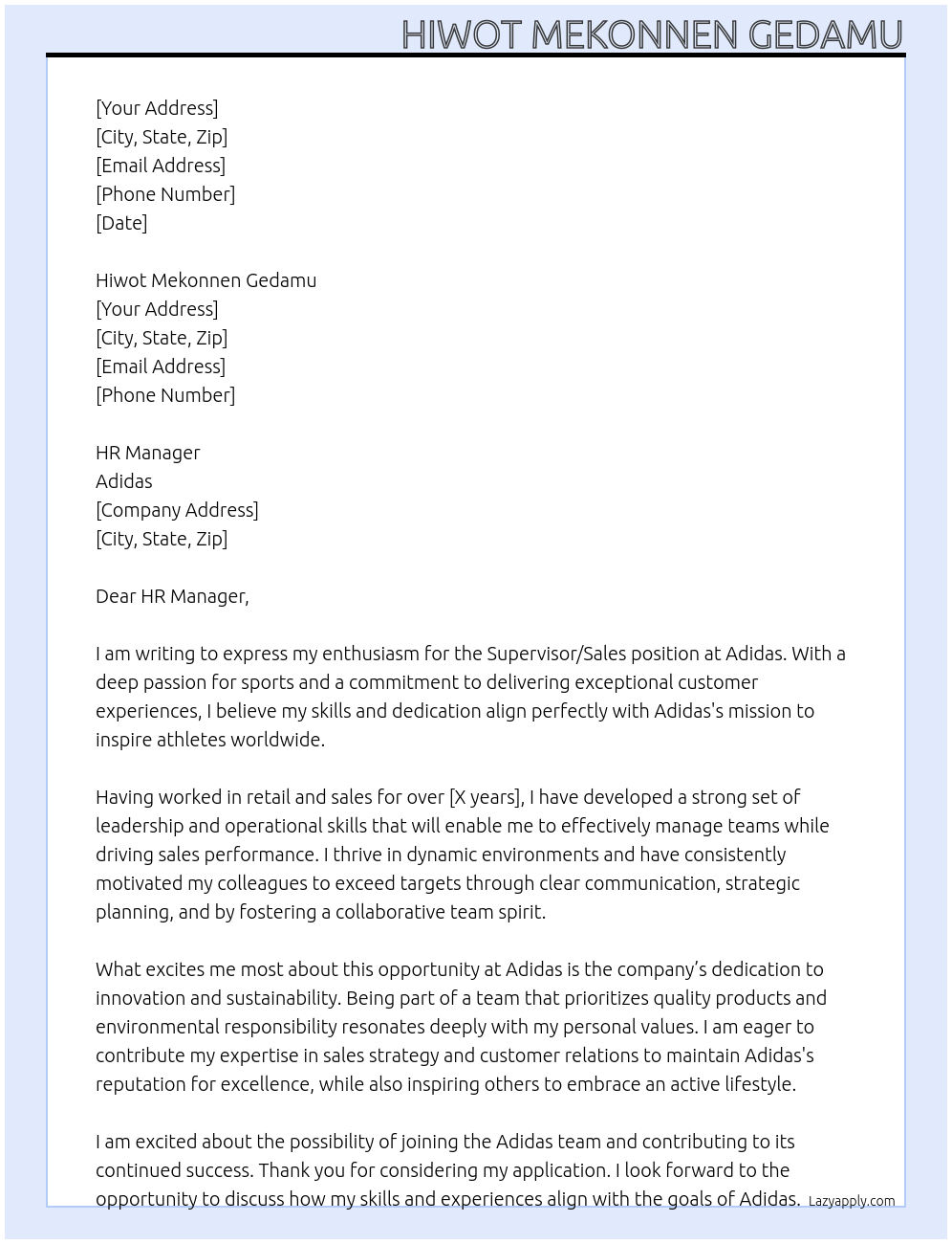 Supervisor/ Sales At Adidas Cover Letter