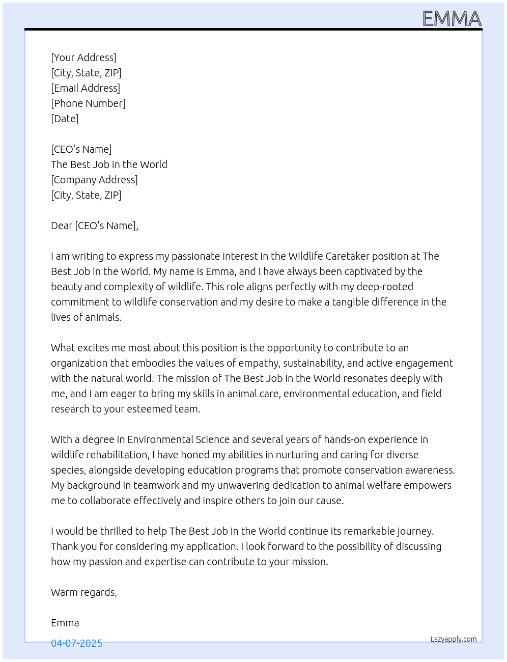 Wildlife Caretaker At The best job in the world Cover Letter