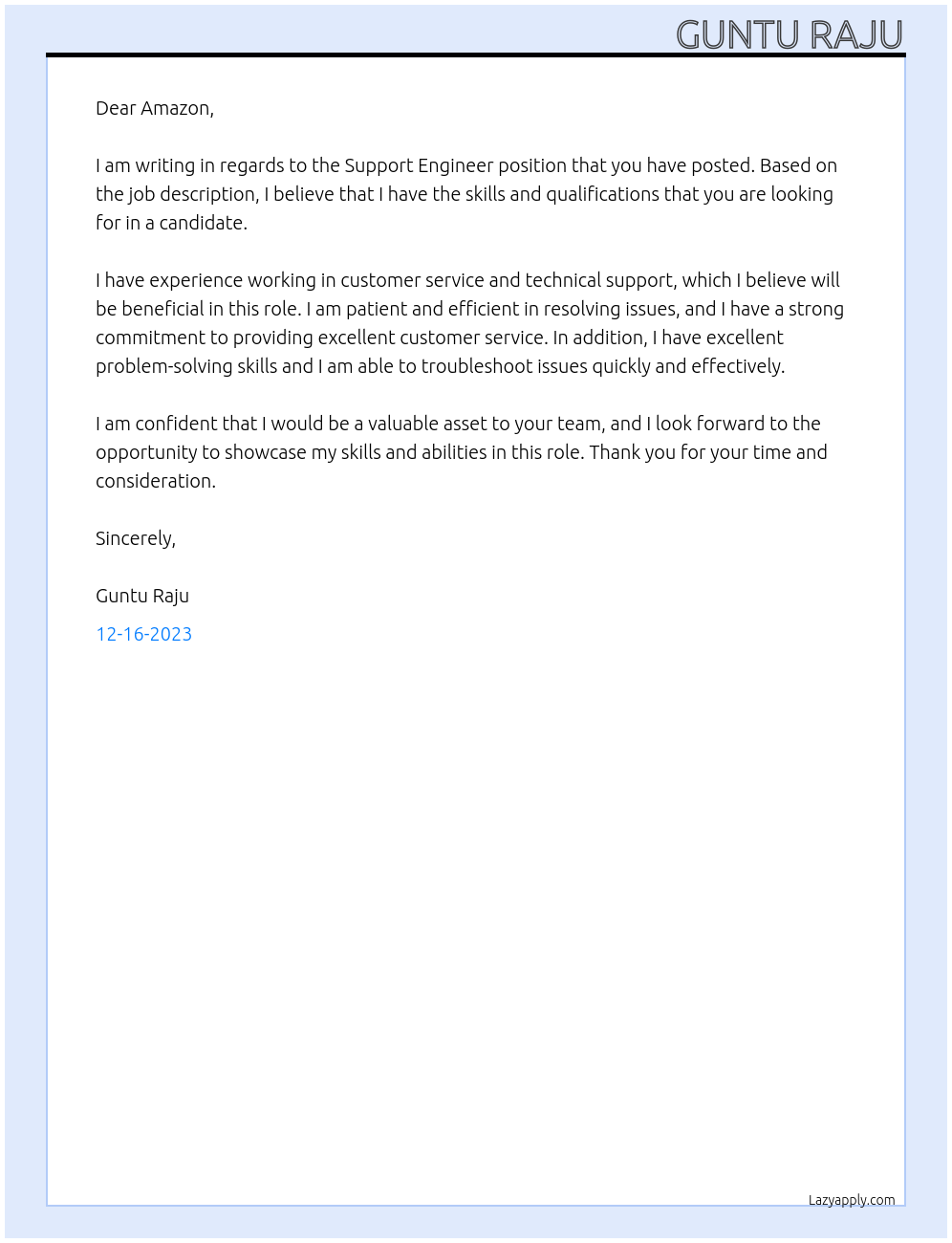 Support engineer At Amazon Cover Letter