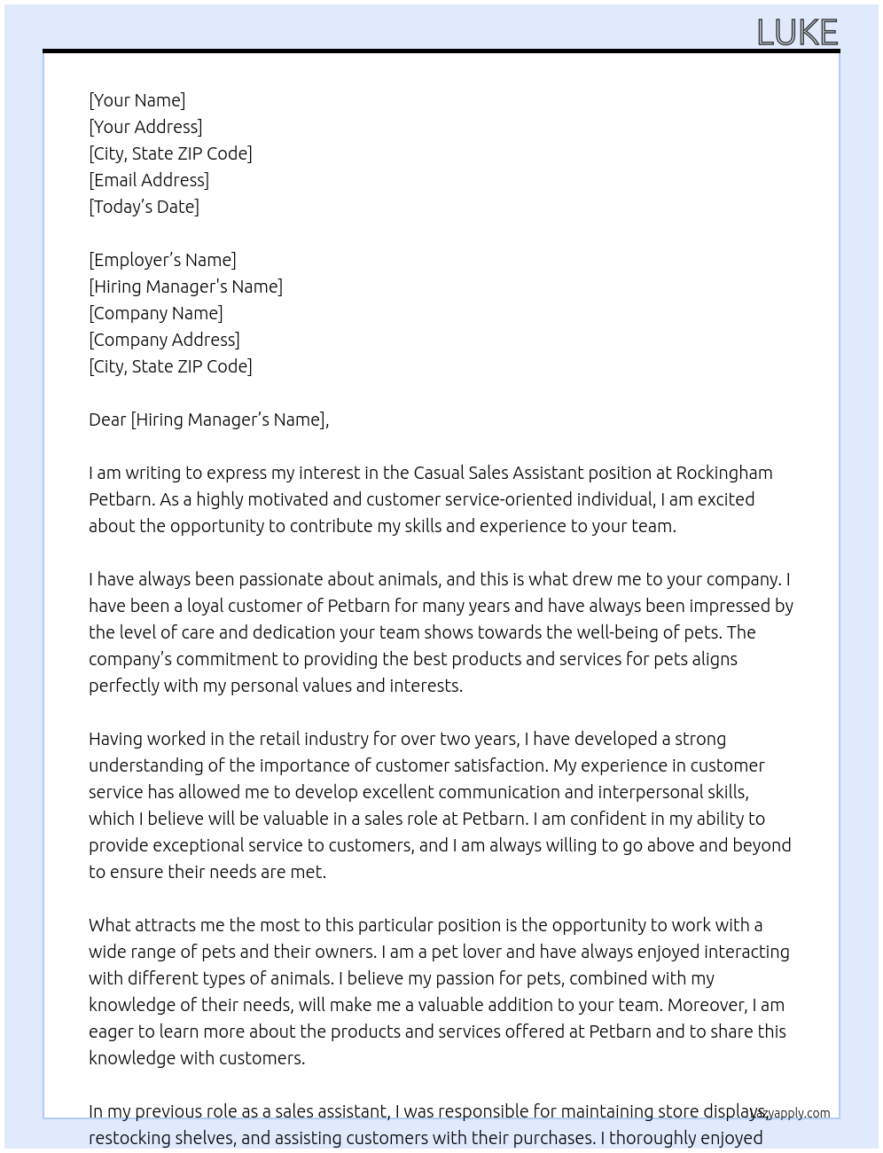 Casual sales assistant At Rockingham Petbarn Cover Letter