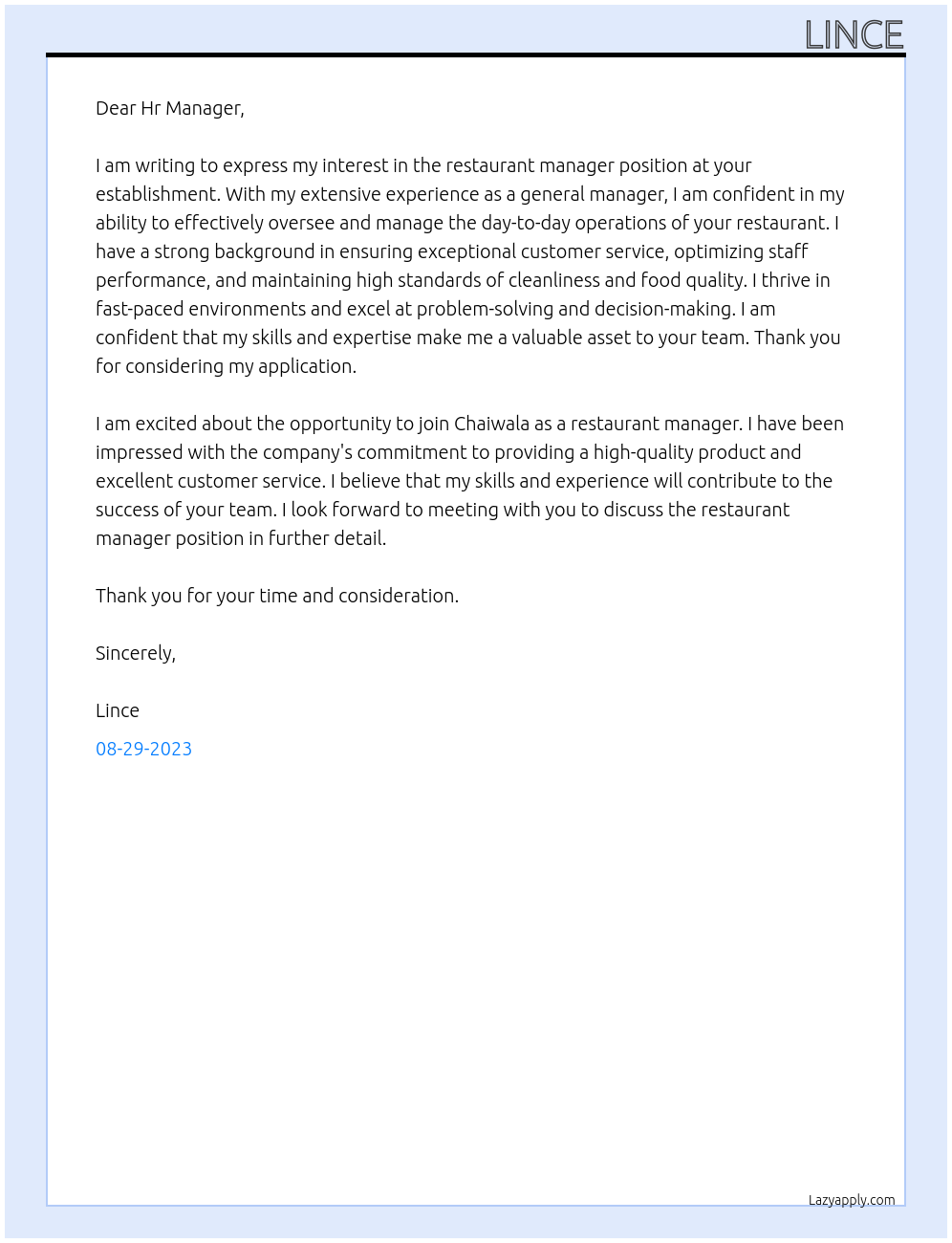 Restaurant Manager At Chaiwala Cover Letter