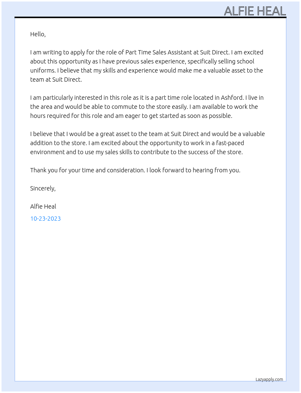 Part time Sales Assistant At Suit direct Cover Letter