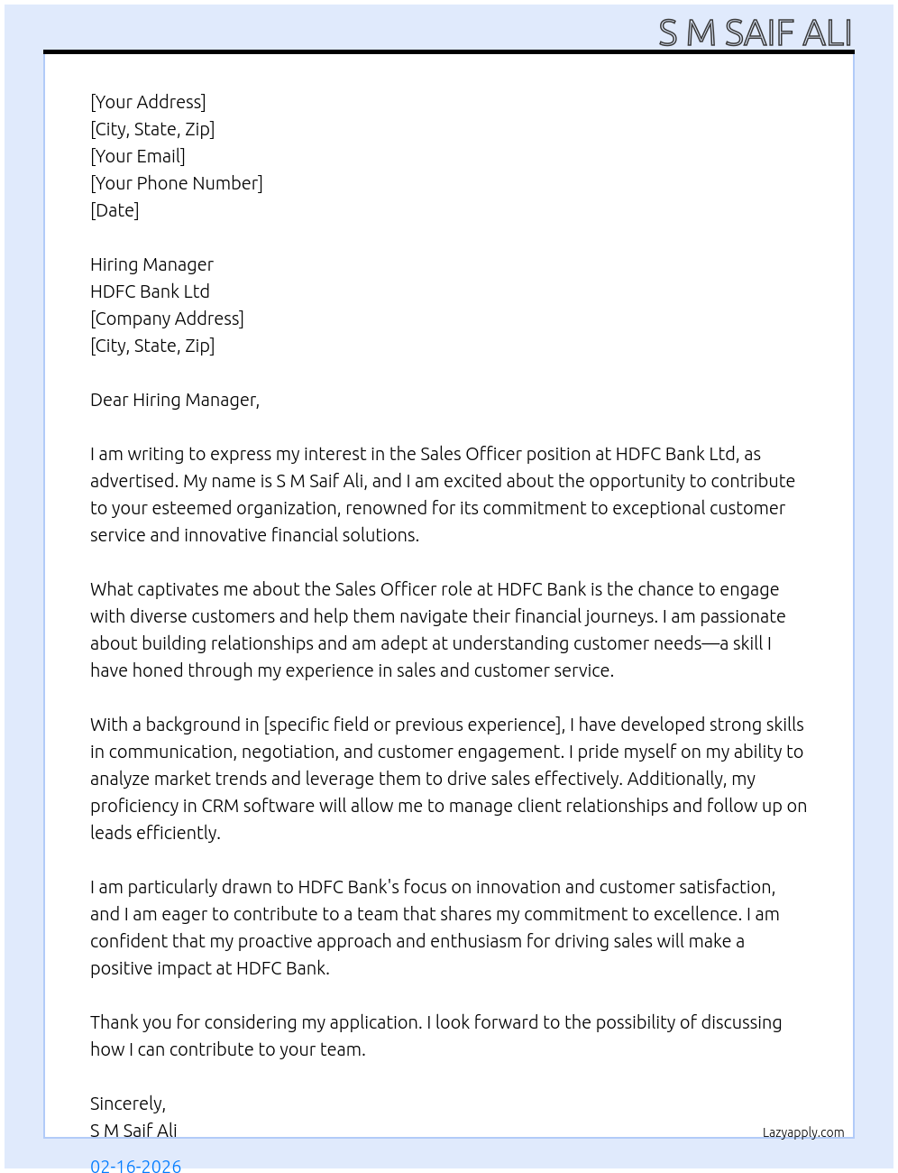Cover letter for sales officer - LazyApply
