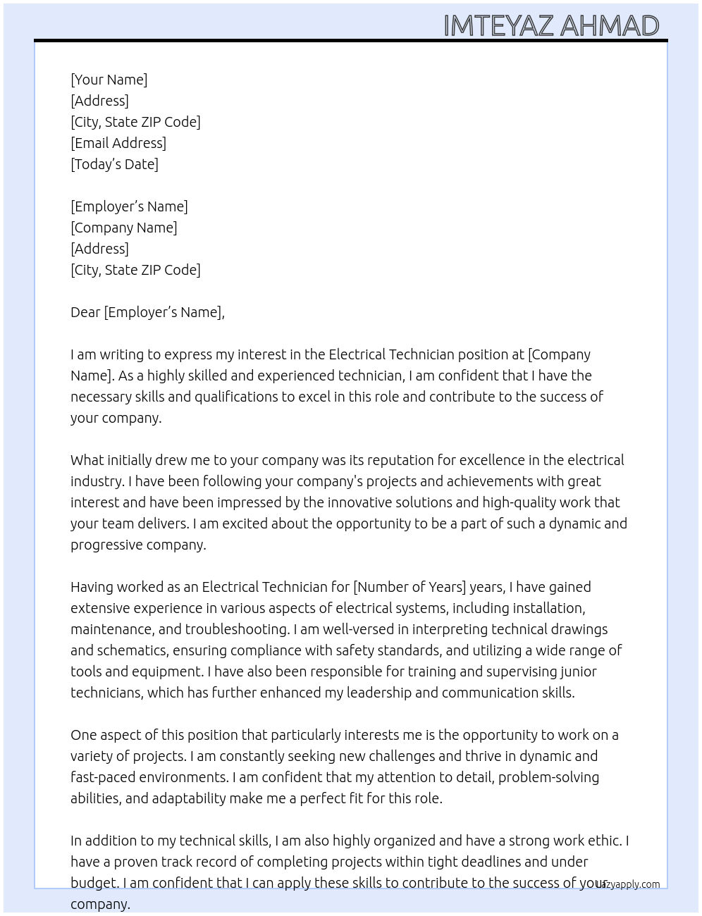 Electrical technician At Company Cover Letter