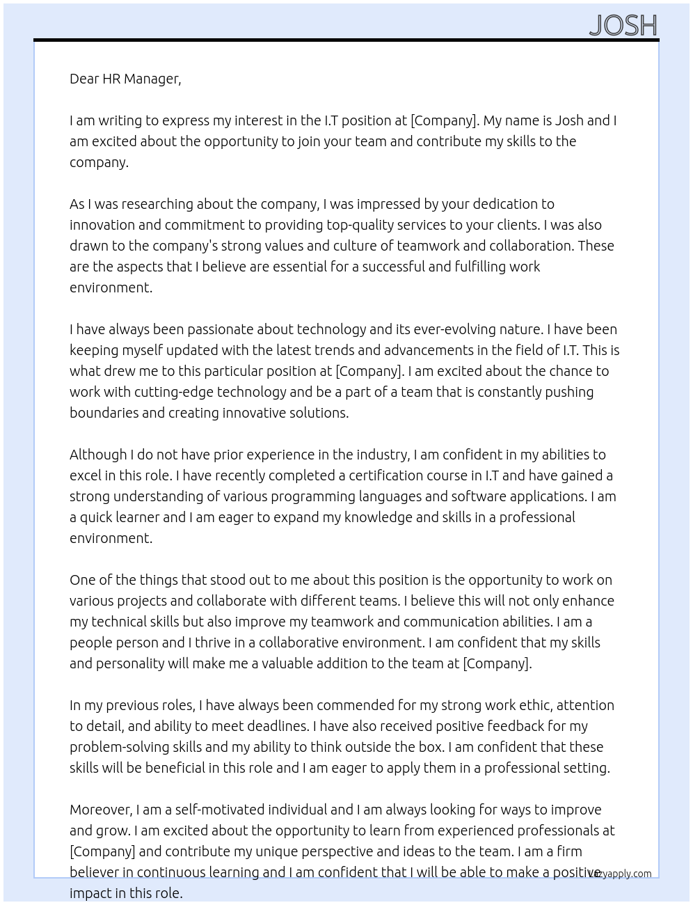 I.T At {Company] Cover Letter