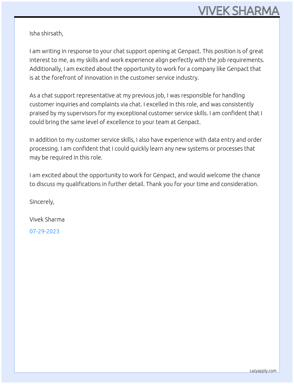 Chat support At Genpact Cover Letter