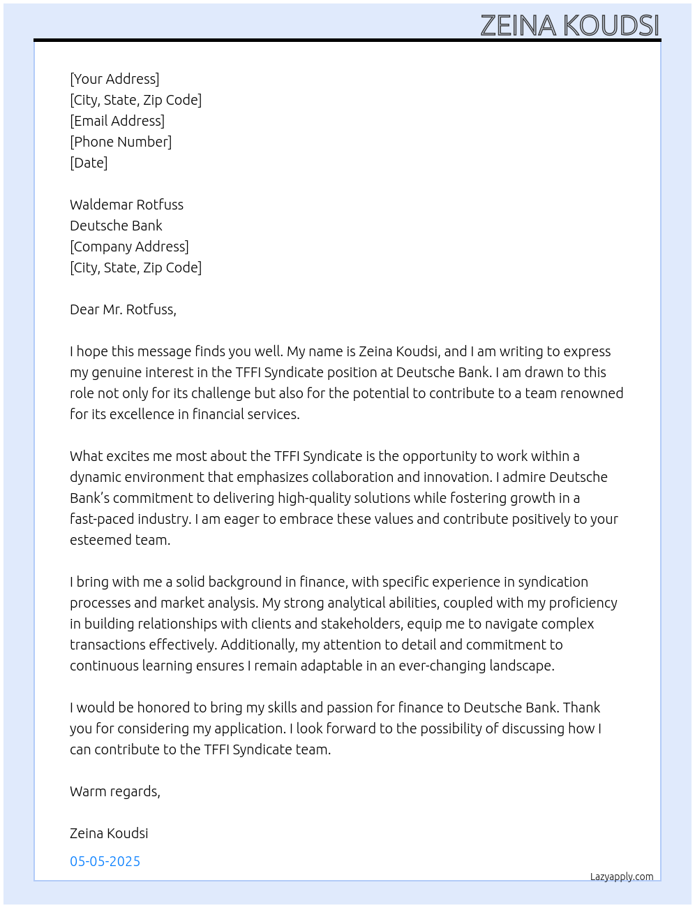 TFFI Syndicate At Deutsche bank Cover Letter