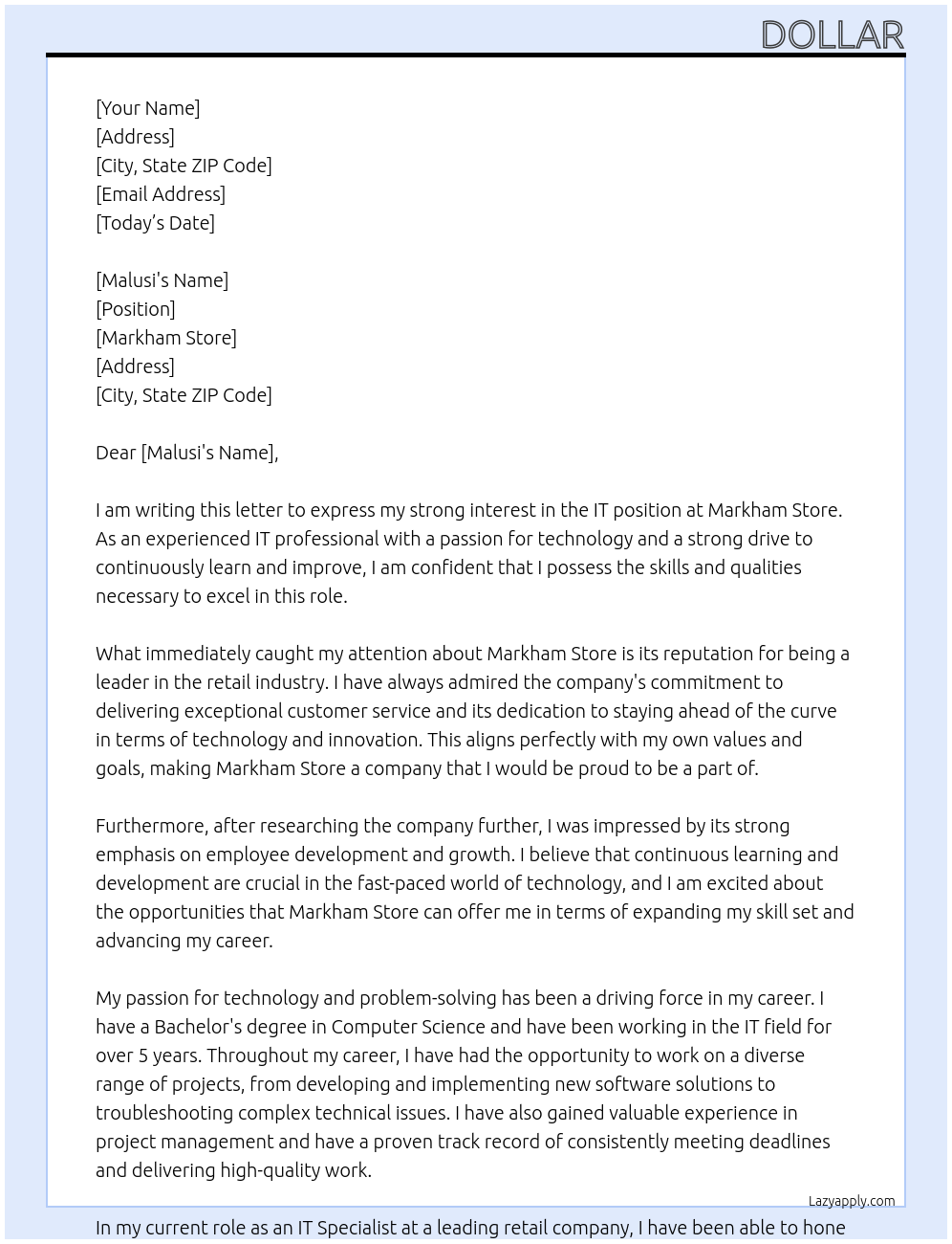 IT At Markham store Cover Letter