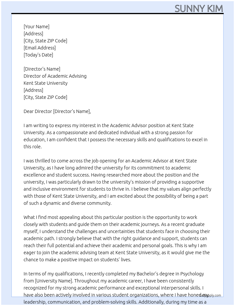 Academic Advisor At Kent State University Cover Letter