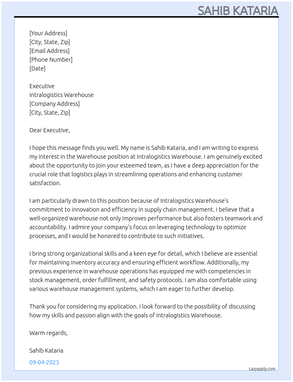 Warehouse At Intralogistics warehouse Cover Letter