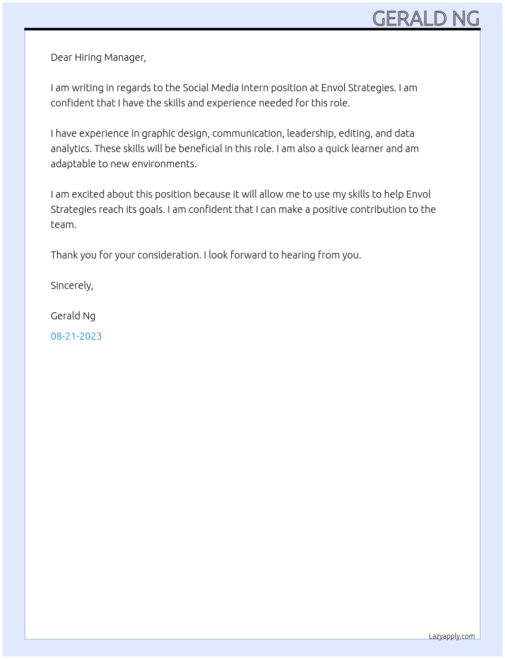 Social Media Intern At Envol Strategies Cover Letter