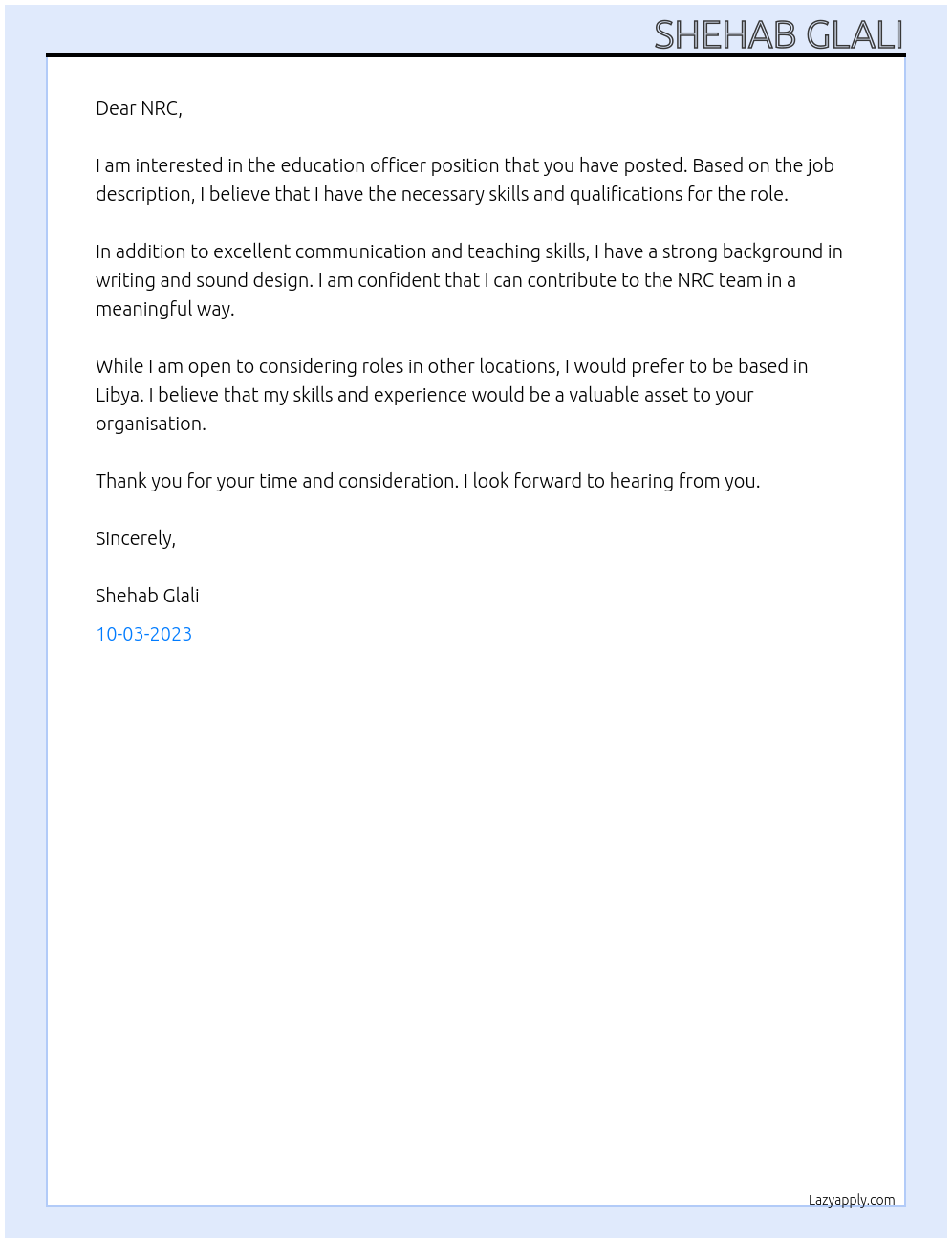 Education officer At NRC Cover Letter