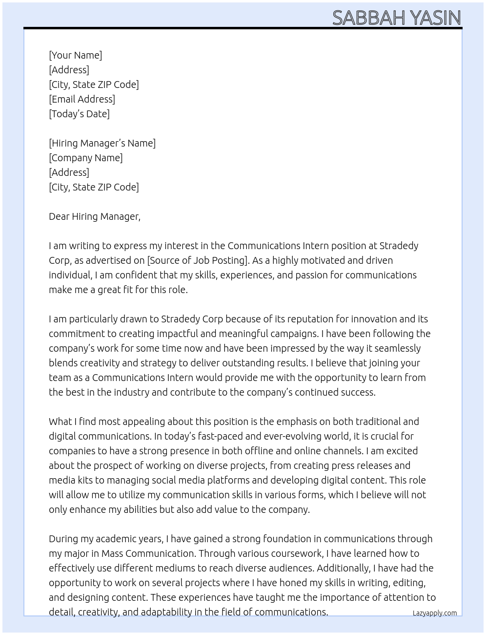 Communications Intern At Stradedy Corp Cover Letter