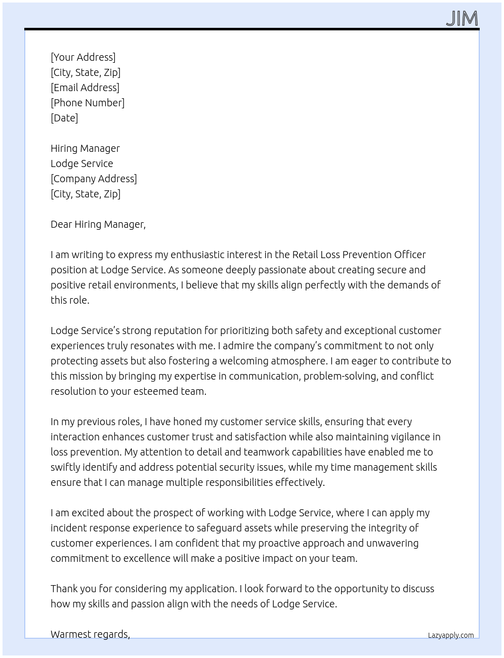 Cover letter for retail loss prevention officer - LazyApply