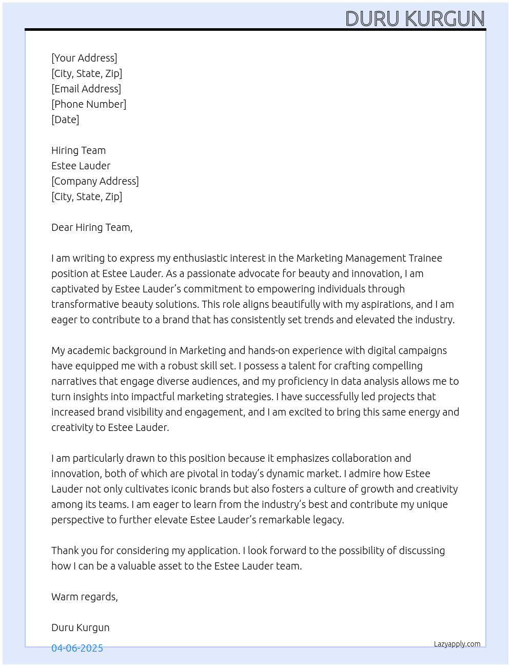 Marketing MT At Estee Lauder Cover Letter