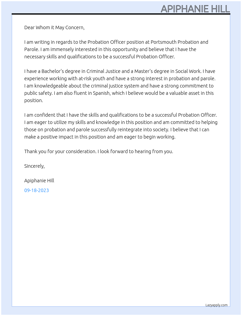 Probation Officer At Portsmouth Probation and Parole Cover Letter