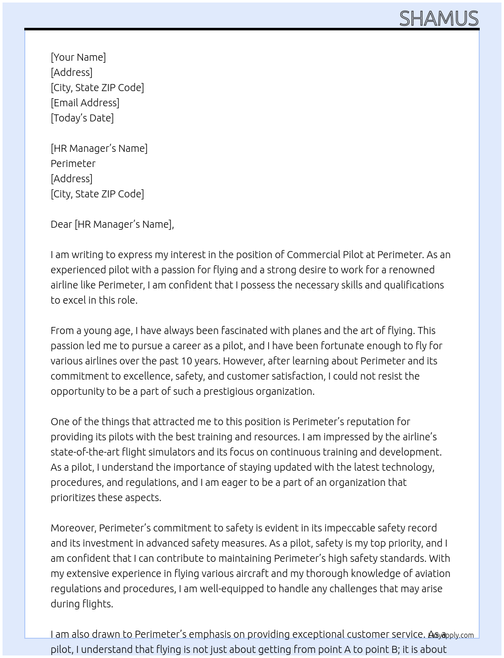 Commercial Pilot At Perimeter Cover Letter