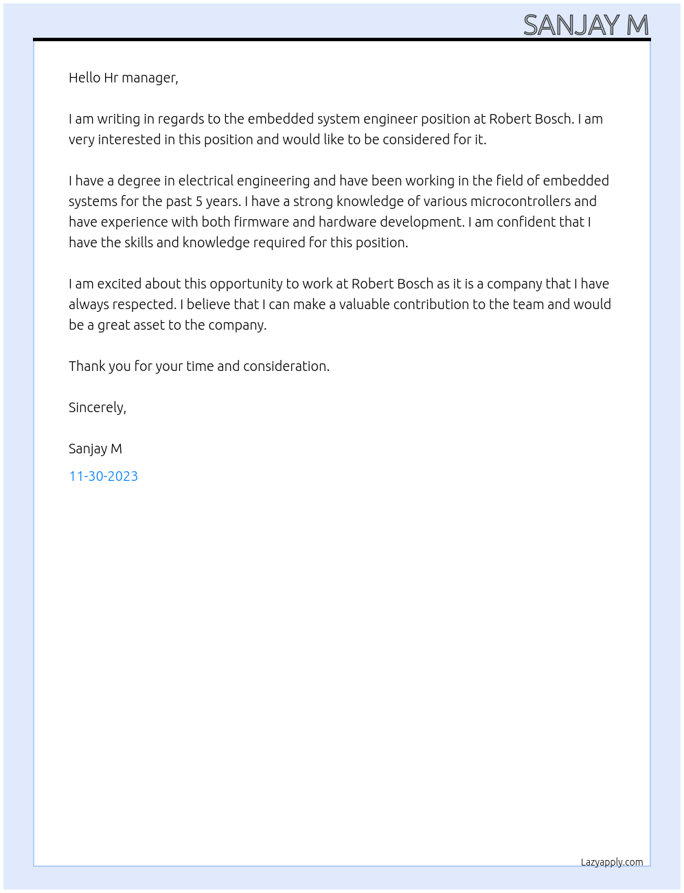 Embedded system engineer At Robert Bosch Cover Letter