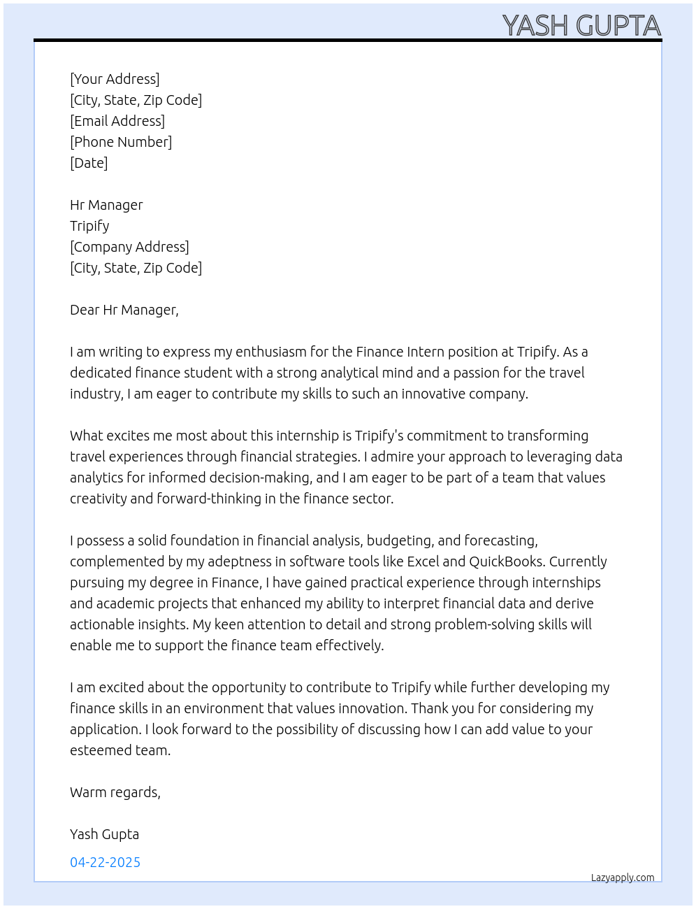 Finance intern At tripify Cover Letter